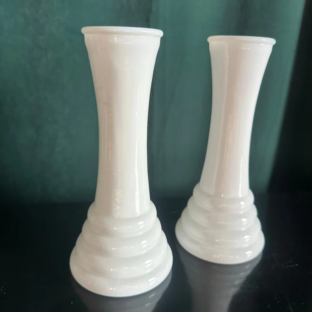 Vintage Randall White Milk Glass Bud Vases, Beehive Ringed BaseSet of 2